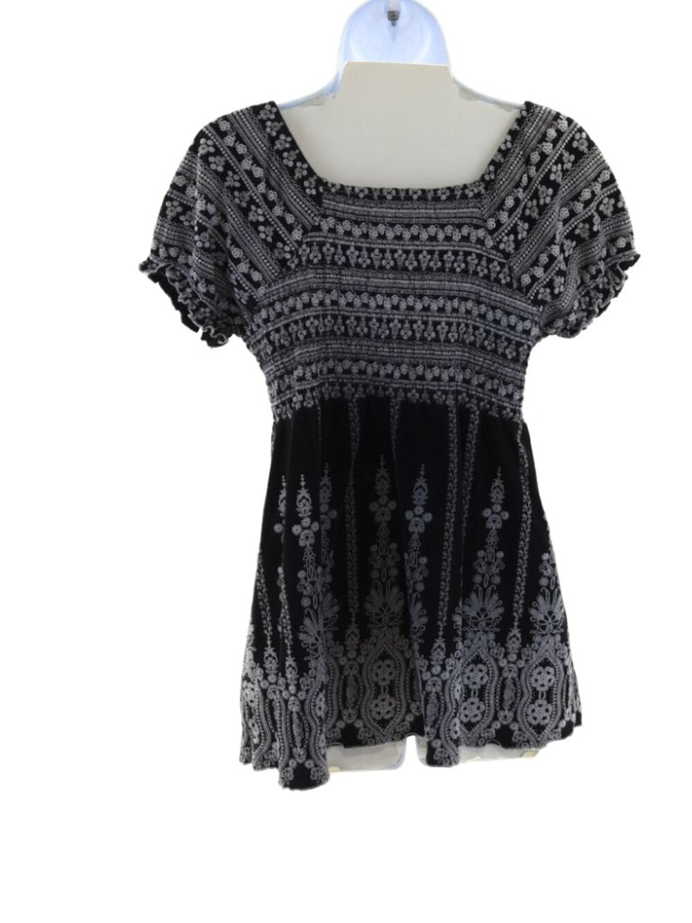 Roz & Ali Plus 1X Black White Paisley Boho Square Neck Tunic Top - Picture 3 of 6